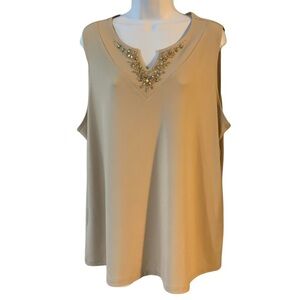 Susan Graver size Large tan sleeveless v-cutout tunic with gold & silver gems.